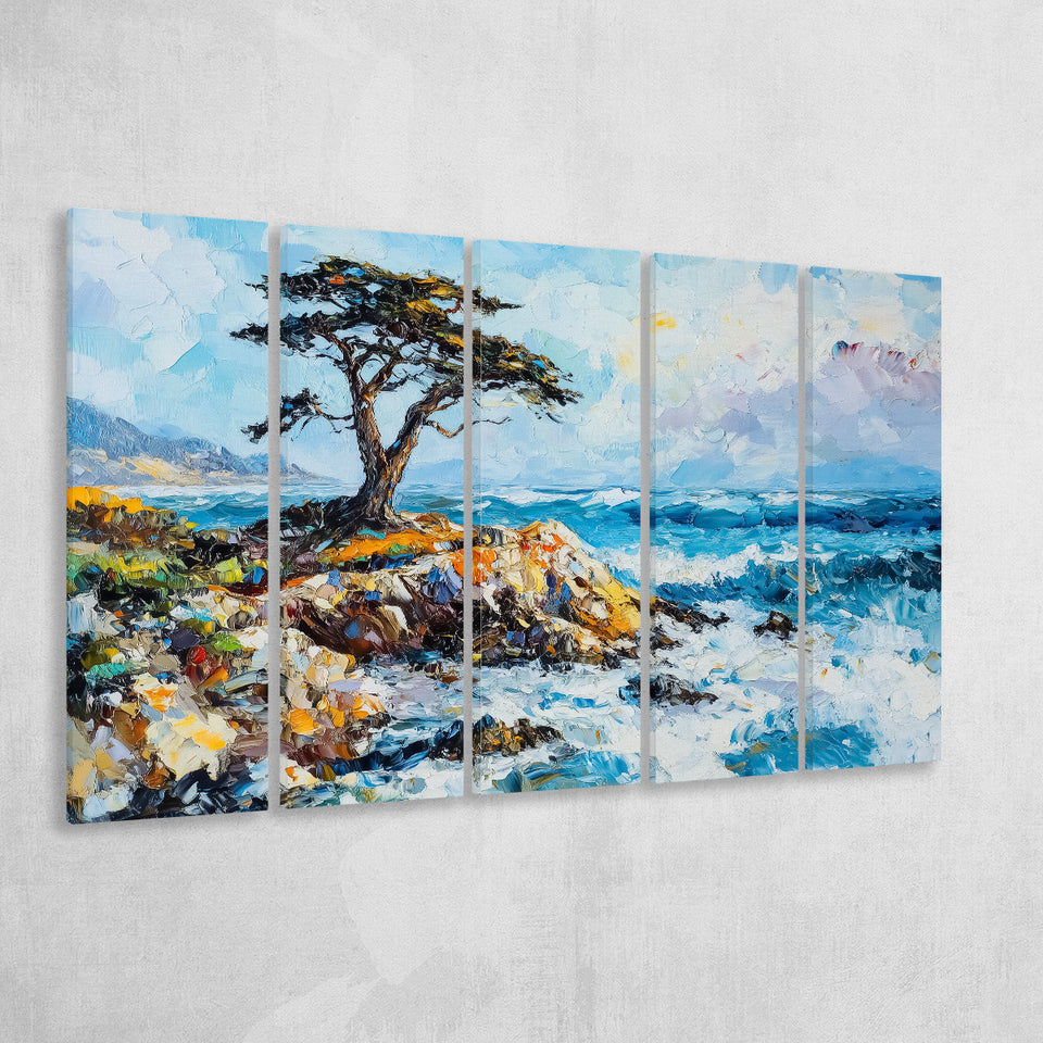 Cypress Painting, Pebble Beach Golf Links, California V1, Golf Art Print, Extra Large 5 Panel, Canvas Prints Wall Art