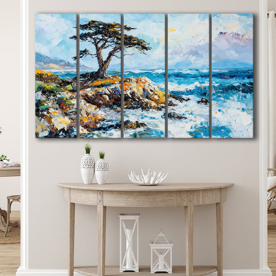 Cypress Painting, Pebble Beach Golf Links, California V1, Golf Art Print, Extra Large 5 Panel, Canvas Prints Wall Art