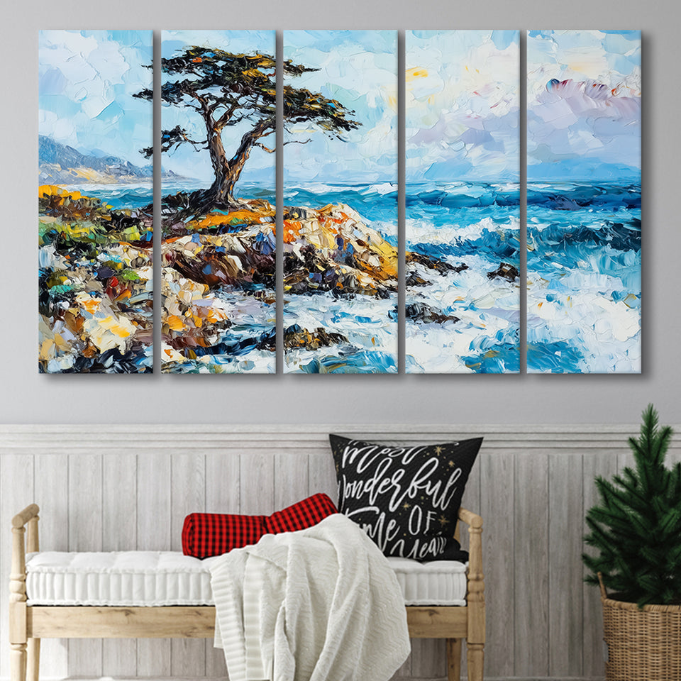 Cypress Painting, Pebble Beach Golf Links, California V1, Golf Art Print, Extra Large 5 Panel, Canvas Prints Wall Art