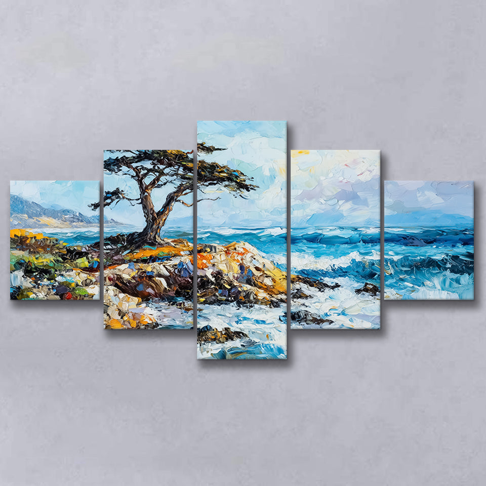 Cypress Painting, Pebble Beach Golf Links, California V1, Golf Art Print, Mixed 5 Panel, Canvas Prints Wall Art