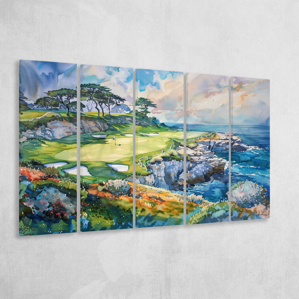 Cypress Point Club Golf Art Painting Watercolor, Extra Large Multi 5 Panel Canvas Print Wall Art Decor