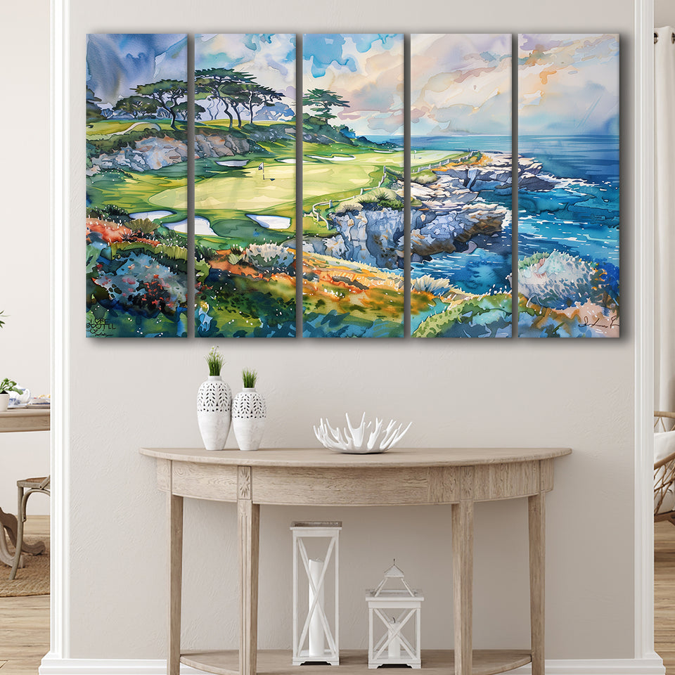 Cypress Point Club Golf Art Painting Watercolor, Extra Large Multi 5 Panel Canvas Print Wall Art Decor