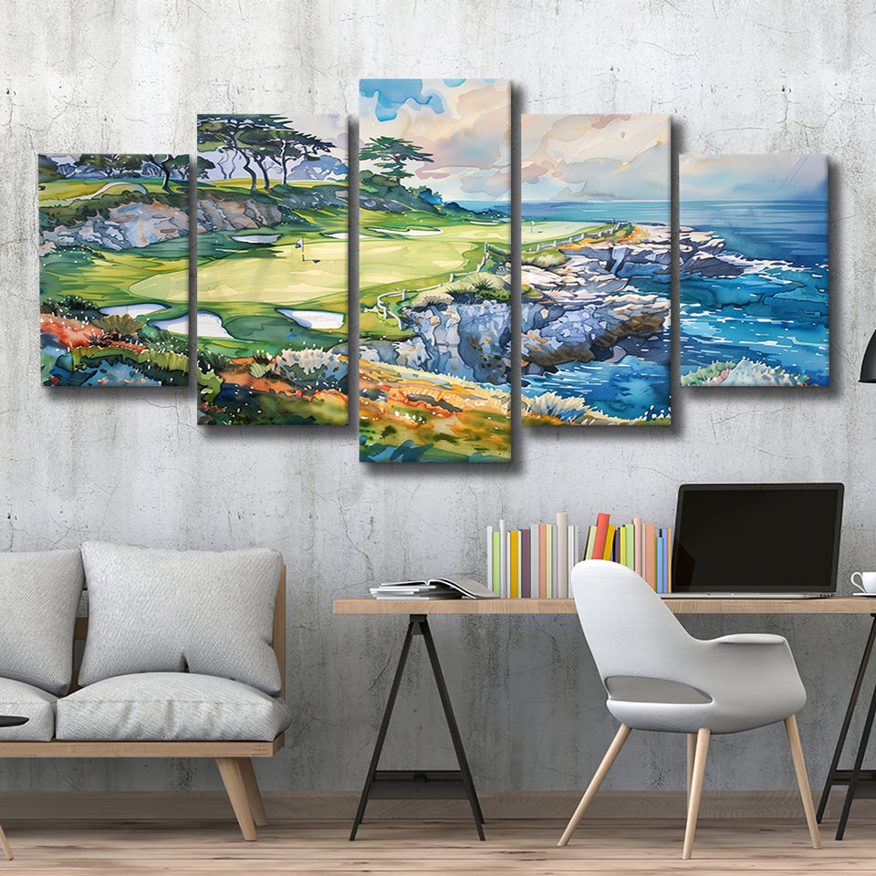 Cypress Point Club Golf Art Painting Watercolor, Multi Panel Canvas Print Wall Art Decor, 5 Mixed Panel