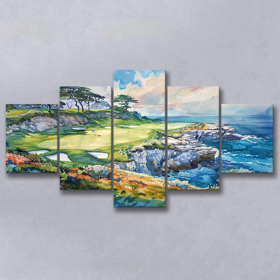 Cypress Point Club Golf Art Painting Watercolor, Multi Panel Canvas Print Wall Art Decor, 5 Mixed Panel