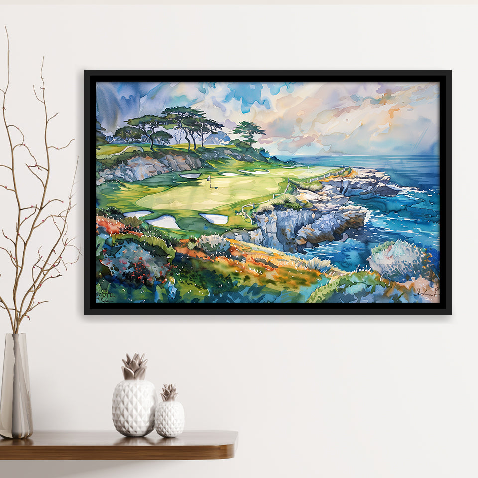 Cypress Point Club Golf Art Painting Watercolor, Framed Canvas Print Wall Art Decor,Floating Frame