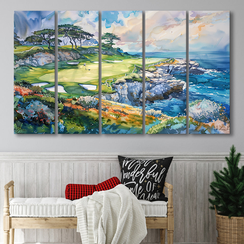 Cypress Point Club Golf Art Painting Watercolor, Extra Large Multi 5 Panel Canvas Print Wall Art Decor