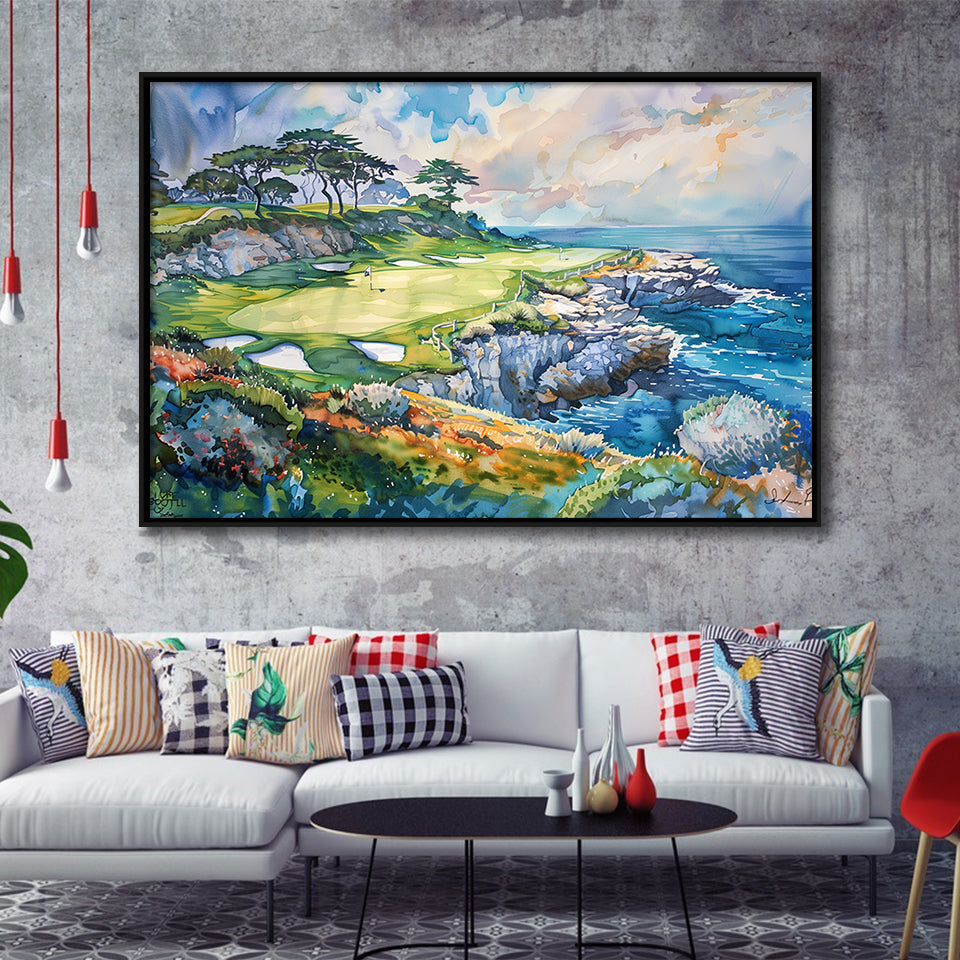 Cypress Point Club Golf Art Painting Watercolor, Framed Canvas Print Wall Art Decor,Floating Frame