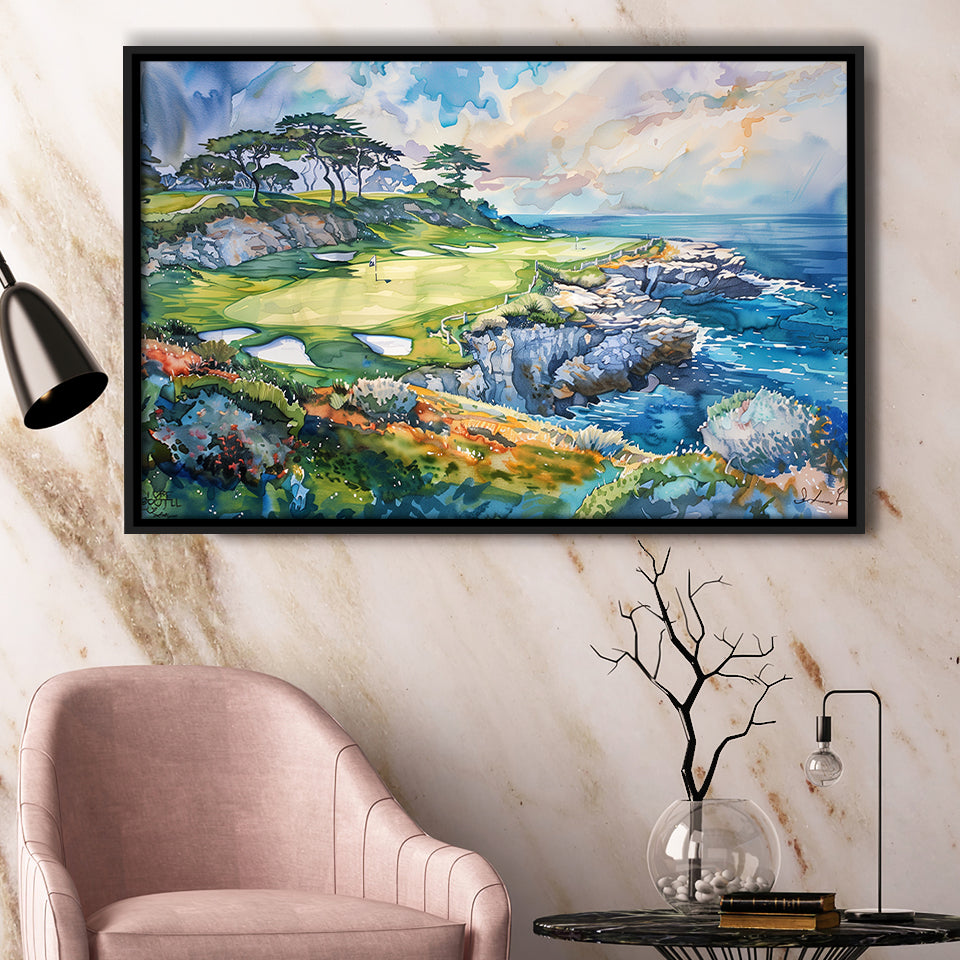 Cypress Point Club Golf Art Painting Watercolor, Framed Canvas Print Wall Art Decor,Floating Frame