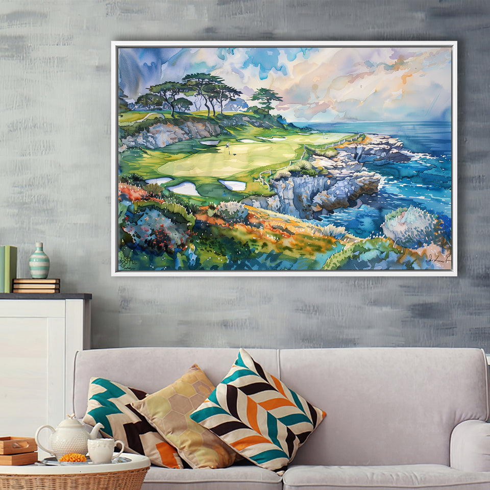 Cypress Point Club Golf Art Painting Watercolor, Framed Canvas Print Wall Art Decor,Floating Frame