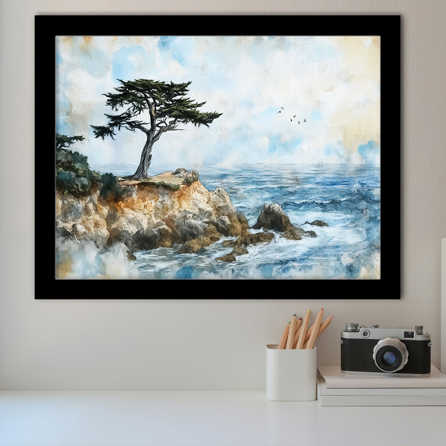 Cypress Watercolor Painting, Pebble Beach Golf Links, Golf Art, Gift for him, Framed Art Prints Wall Decor