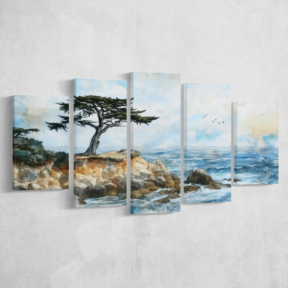 Cypress Watercolor Painting, Pebble Beach Golf Links, Golf Art Print, Mixed 5 Panel, Canvas Prints Wall Art