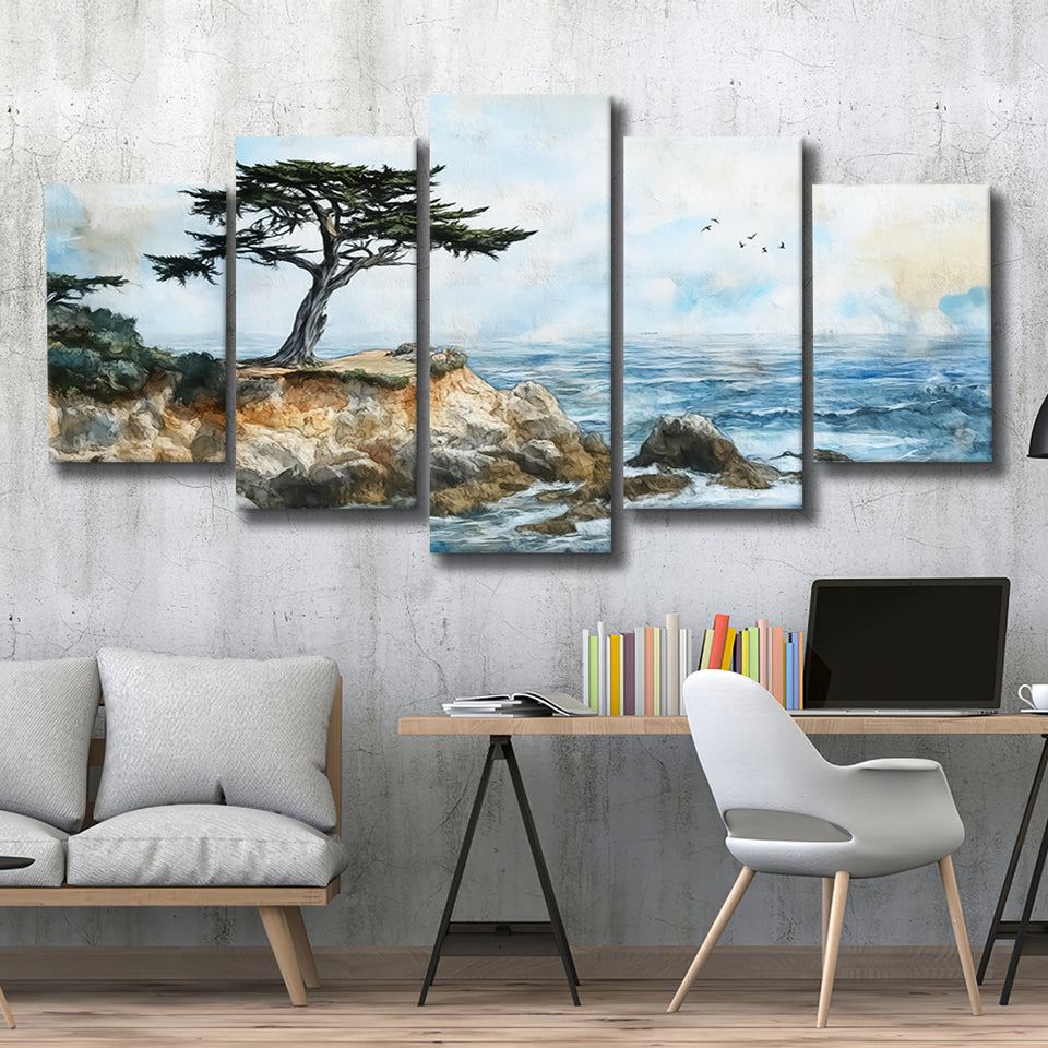 Cypress Watercolor Painting, Pebble Beach Golf Links, Golf Art Print, Mixed 5 Panel, Canvas Prints Wall Art
