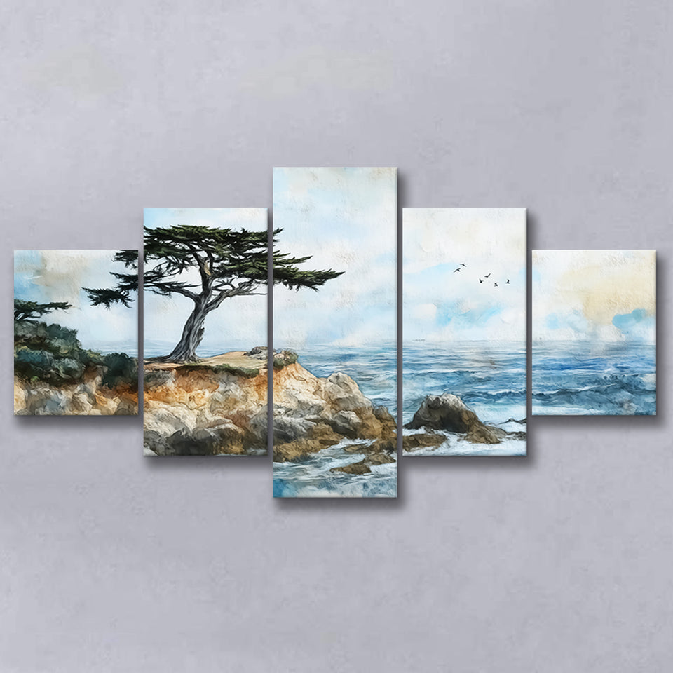 Cypress Watercolor Painting, Pebble Beach Golf Links, Golf Art Print, Mixed 5 Panel, Canvas Prints Wall Art