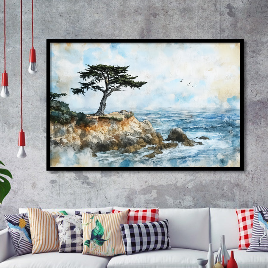 Cypress Watercolor Painting, Pebble Beach Golf Links, Golf Art, Gift for him, Framed Art Prints Wall Decor