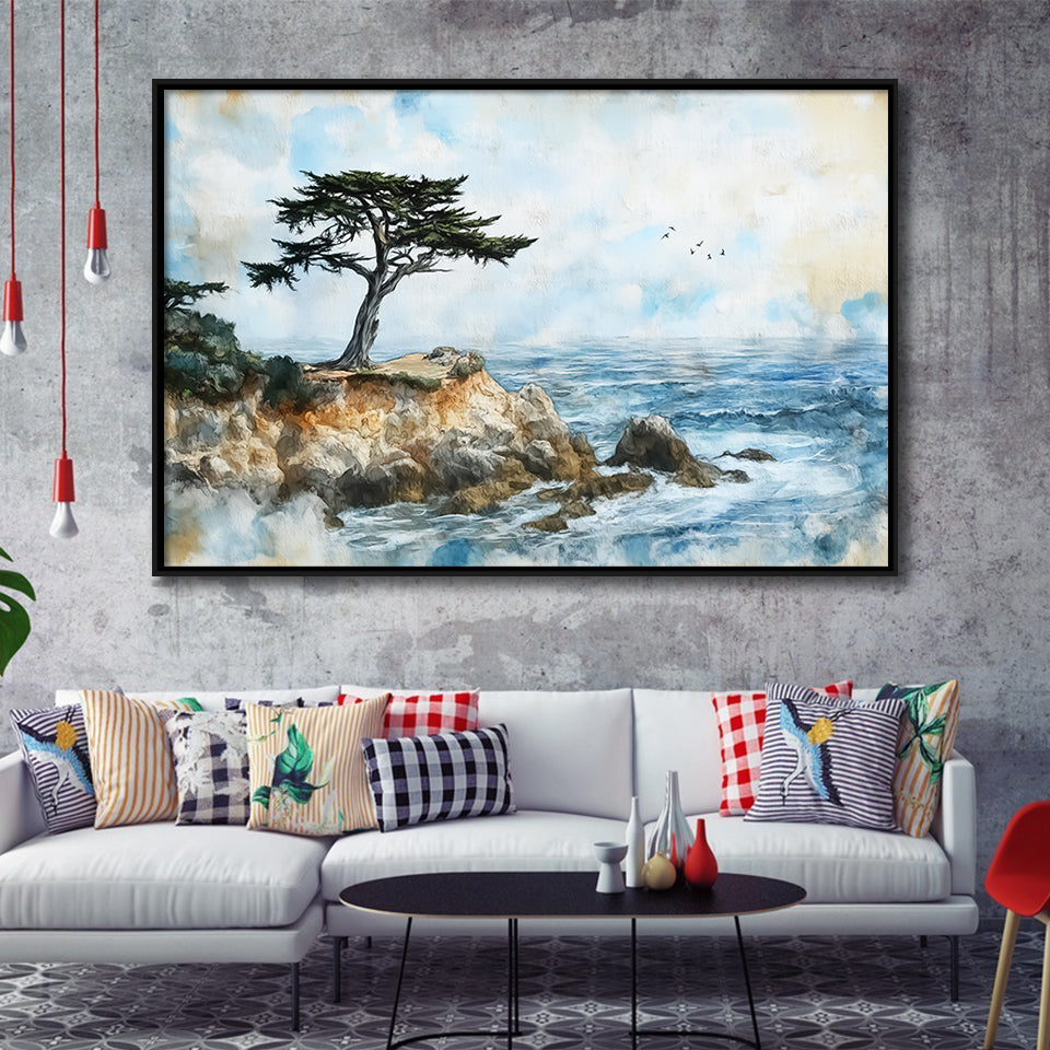 Cypress Watercolor Painting, Pebble Beach Golf Links, Golf Art Print, Gift for him, Framed Canvas Prints Wall Art