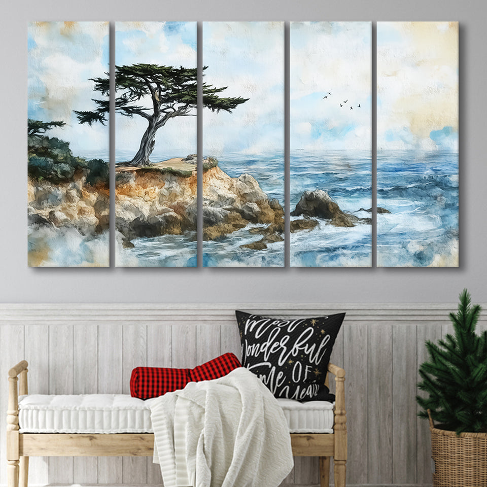 Cypress Watercolor Painting, Pebble Beach Golf Links, Golf Art Print, Extra Large 5 Panel, Canvas Prints Wall Art