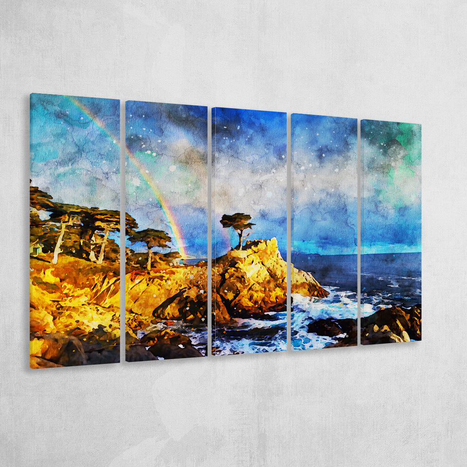 Cypress and Rainbow, Pebble Beach Golf Links, California, Golf Art Print, Extra Large 5 Panel, Canvas Prints Wall Art