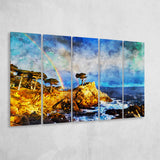 Cypress and Rainbow, Pebble Beach Golf Links, California, Golf Art Print, Extra Large 5 Panel, Canvas Prints Wall Art