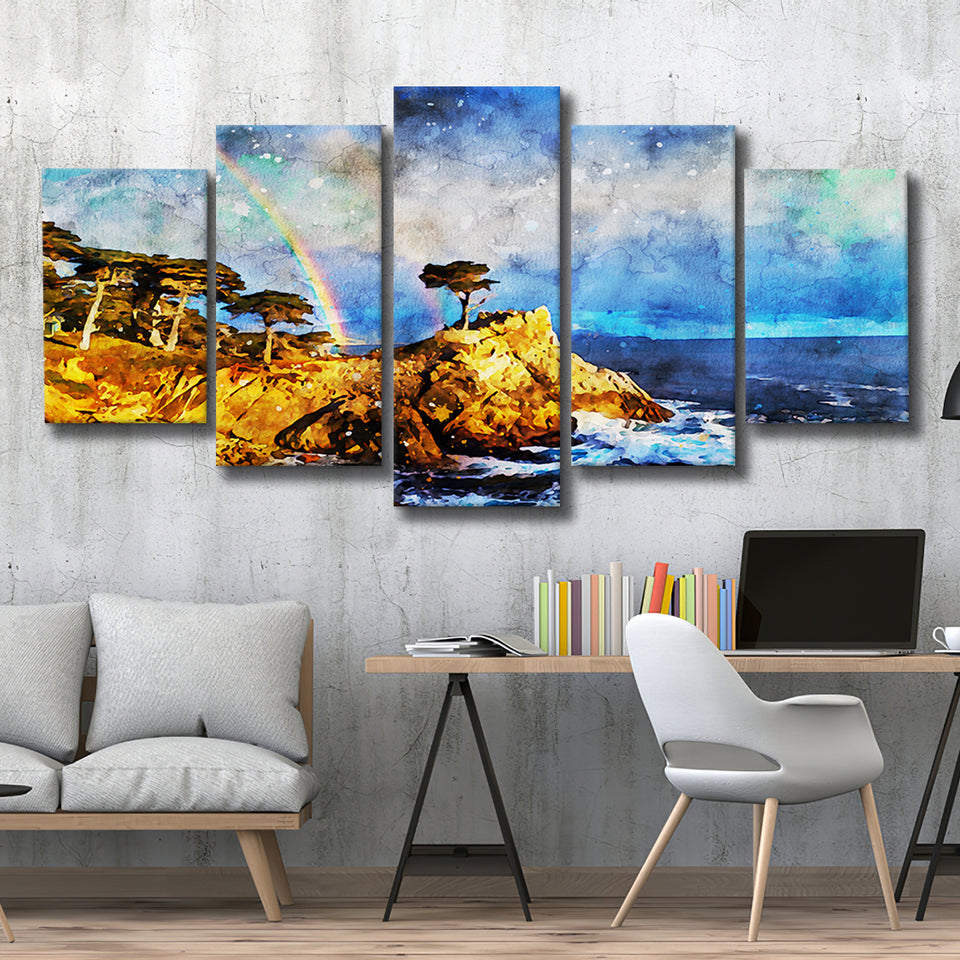 Cypress and Rainbow, Pebble Beach Golf Links, California, Golf Art Print, Mixed 5 Panel, Canvas Prints Wall Art