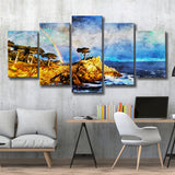 Cypress and Rainbow, Pebble Beach Golf Links, California, Golf Art Print, Mixed 5 Panel, Canvas Prints Wall Art