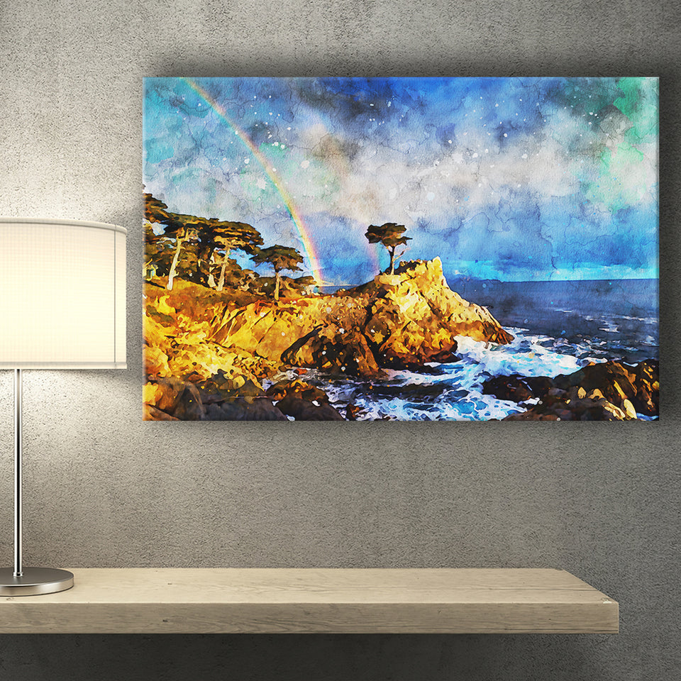 Cypress and Rainbow, Pebble Beach Golf Links, California, Golf Art Print, Gift for him, Canvas Prints Wall Art