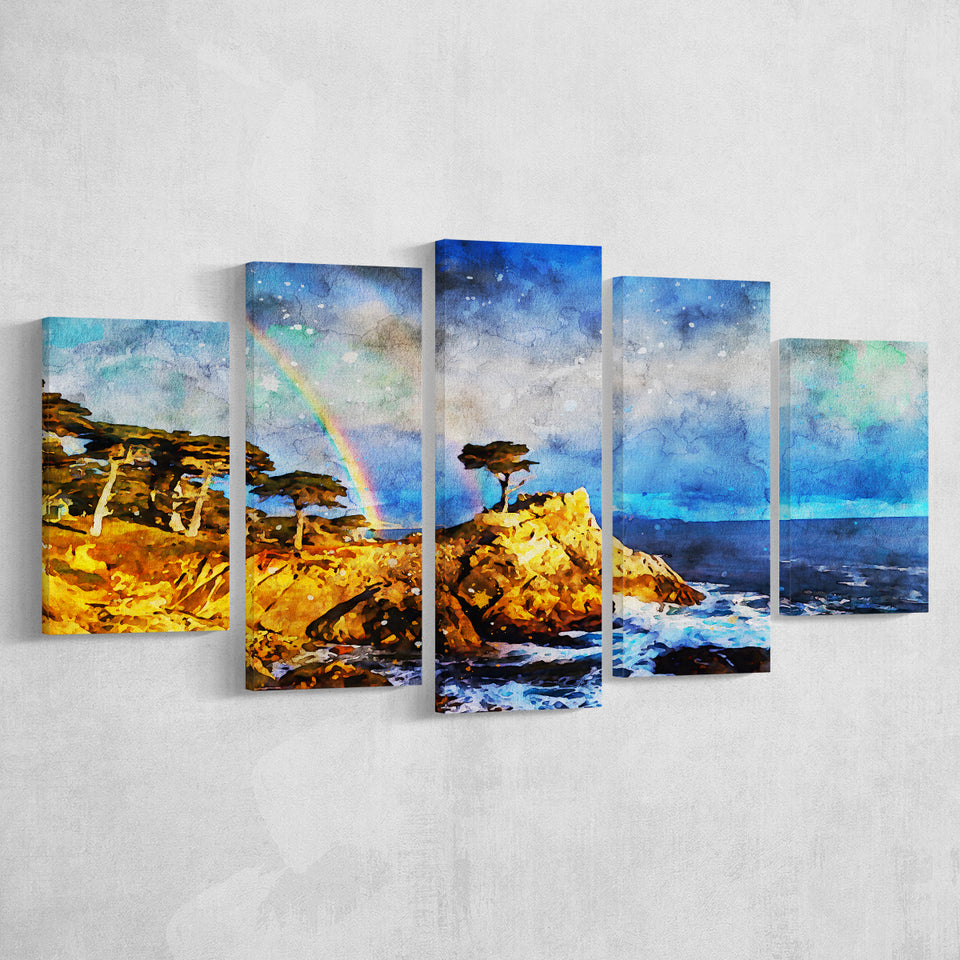 Cypress and Rainbow, Pebble Beach Golf Links, California, Golf Art Print, Mixed 5 Panel, Canvas Prints Wall Art