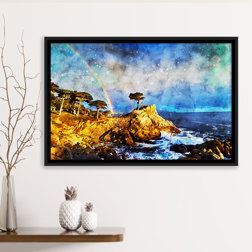 Cypress and Rainbow, Pebble Beach Golf Links, California, Golf Art Print, Gift for him, Framed Canvas Prints Wall Art