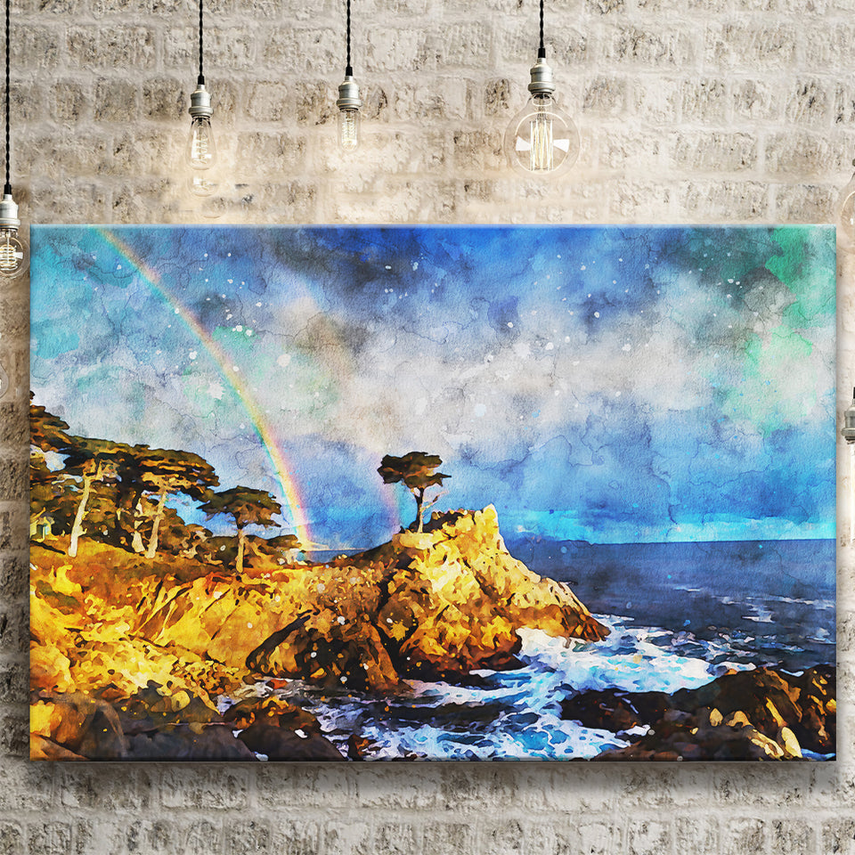 Cypress and Rainbow, Pebble Beach Golf Links, California, Golf Art Print, Gift for him, Canvas Prints Wall Art