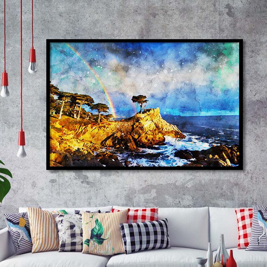 Cypress and Rainbow, Pebble Beach Golf Links, California, Golf Art, Gift for him, Framed Art Prints Wall Decor