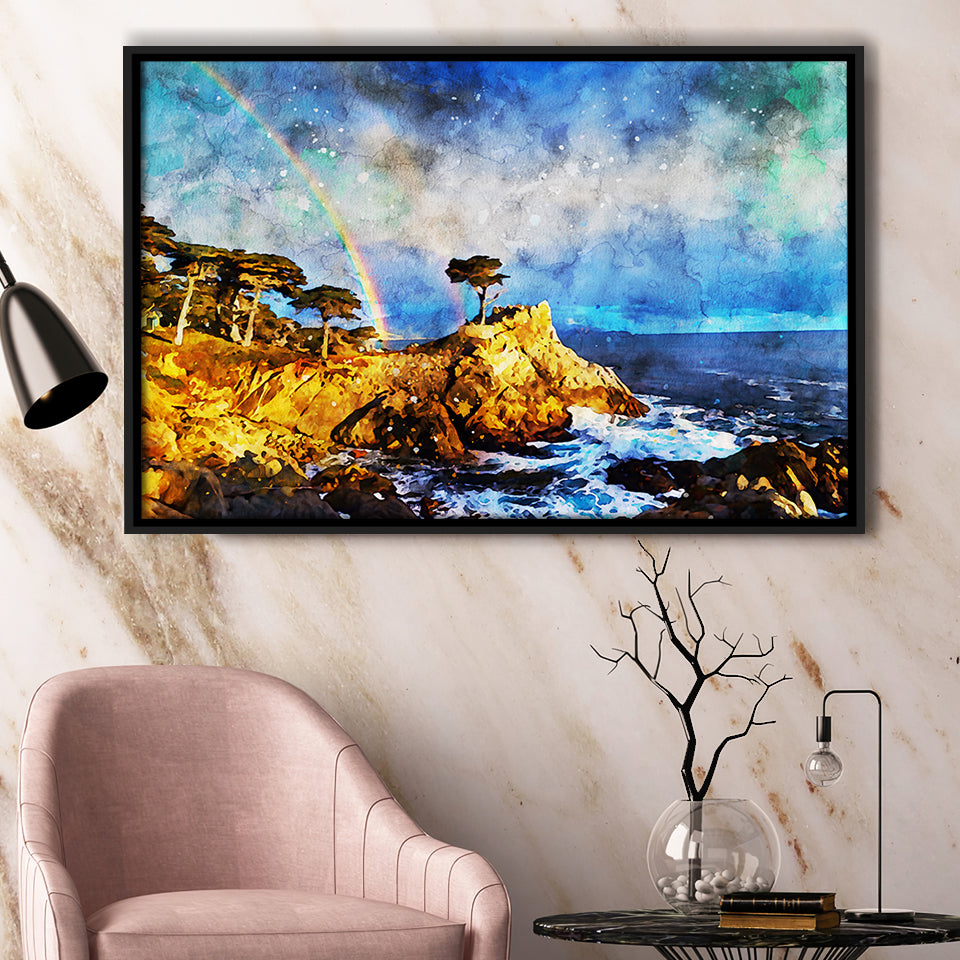 Cypress and Rainbow, Pebble Beach Golf Links, California, Golf Art Print, Gift for him, Framed Canvas Prints Wall Art