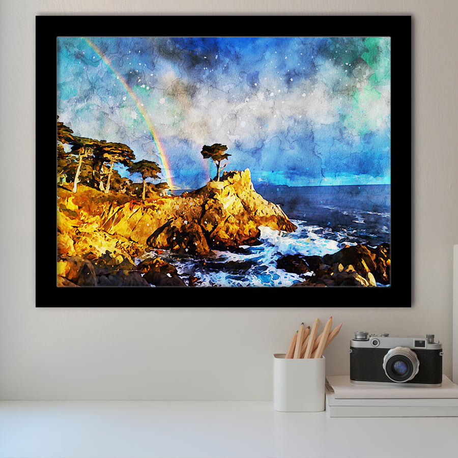 Cypress and Rainbow, Pebble Beach Golf Links, California, Golf Art, Gift for him, Framed Art Prints Wall Decor