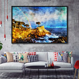 Cypress and Rainbow, Pebble Beach Golf Links, California, Golf Art Print, Gift for him, Framed Canvas Prints Wall Art