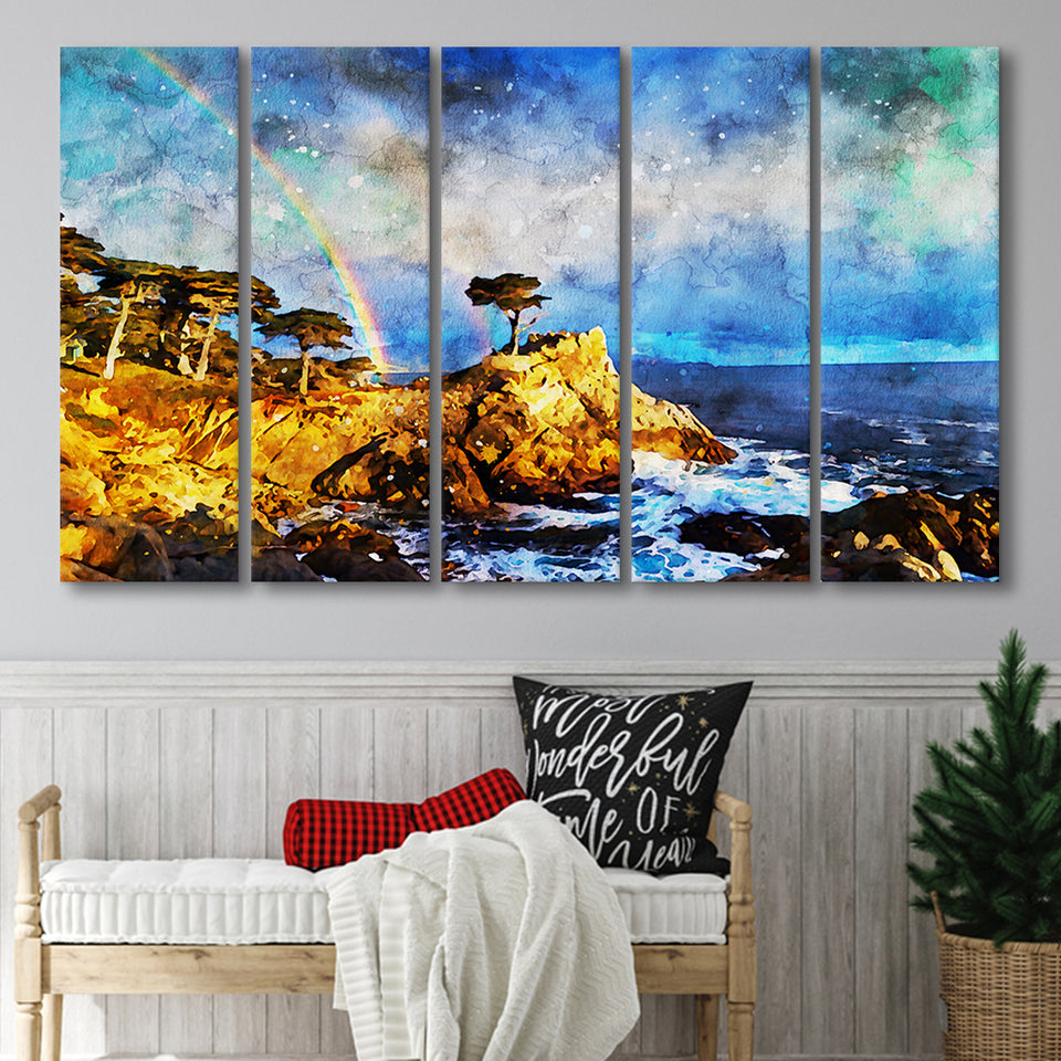 Cypress and Rainbow, Pebble Beach Golf Links, California, Golf Art Print, Extra Large 5 Panel, Canvas Prints Wall Art