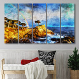 Cypress and Rainbow, Pebble Beach Golf Links, California, Golf Art Print, Extra Large 5 Panel, Canvas Prints Wall Art
