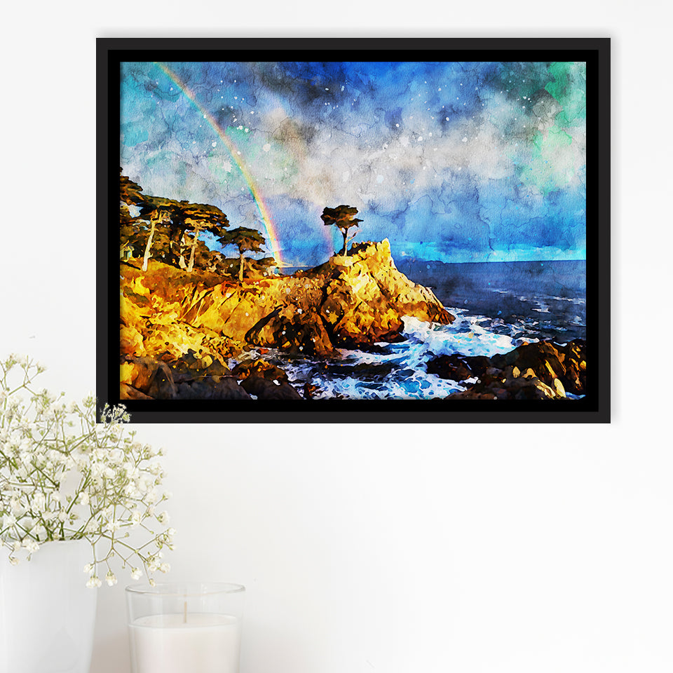 Cypress and Rainbow, Pebble Beach Golf Links, California, Golf Art Print, Gift for him, Framed Canvas Prints Wall Art