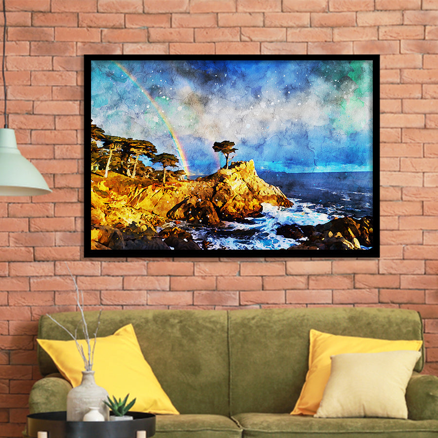 Cypress and Rainbow, Pebble Beach Golf Links, California, Golf Art, Gift for him, Framed Art Prints Wall Decor