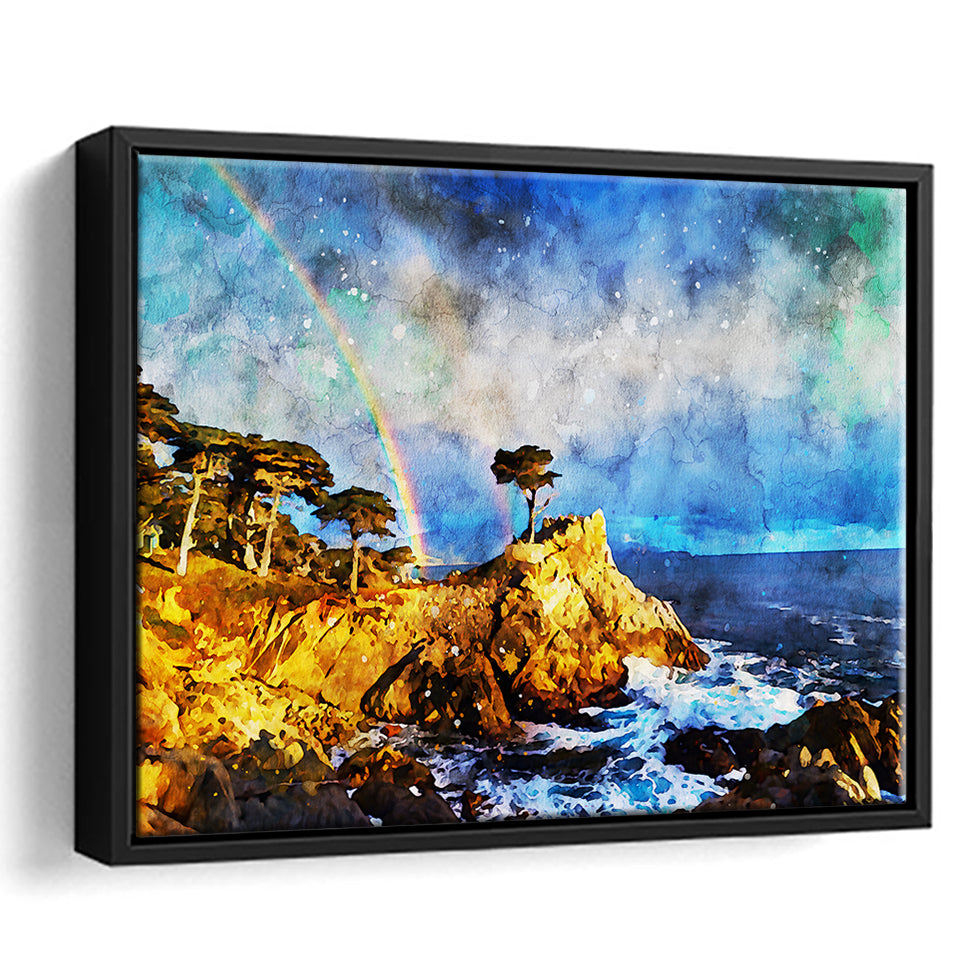 Cypress and Rainbow, Pebble Beach Golf Links, California, Golf Art Print, Gift for him, Framed Canvas Prints Wall Art