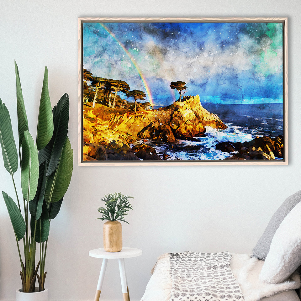 Cypress and Rainbow, Pebble Beach Golf Links, California, Golf Art Print, Gift for him, Framed Canvas Prints Wall Art