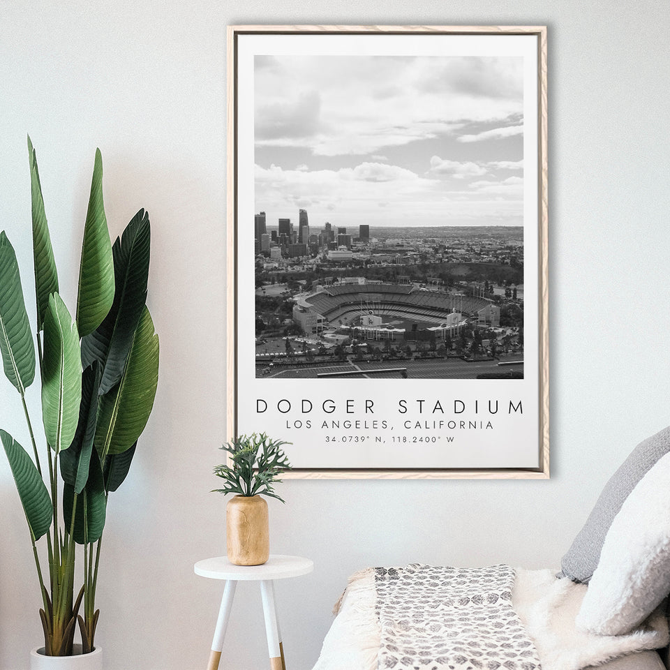 Dodger Stadium La Dodgers, Stadium Wall Art For Baseball Lovers, B&W, Floating Framed Canvas Print