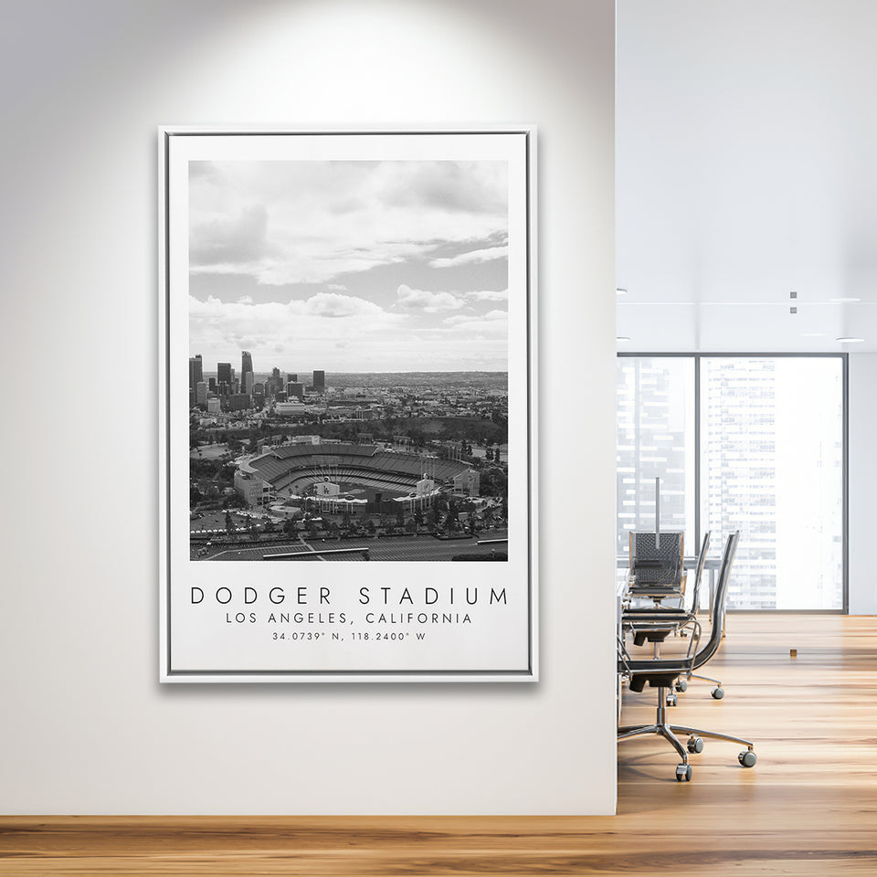 Dodger Stadium La Dodgers, Stadium Wall Art For Baseball Lovers, B&W, Floating Framed Canvas Print