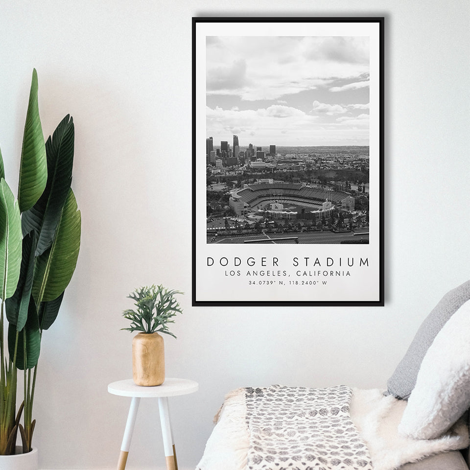 Dodger Stadium La Dodgers, Stadium Wall Art For Baseball Lovers, B&W, Floating Framed Canvas Print