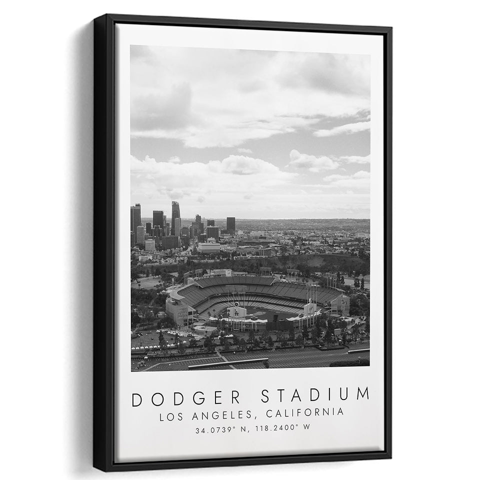 Dodger Stadium La Dodgers, Stadium Wall Art For Baseball Lovers, B&W, Floating Framed Canvas Print