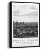 Dodger Stadium La Dodgers, Stadium Wall Art For Baseball Lovers, B&W, Floating Framed Canvas Print