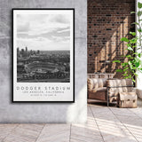 Dodger Stadium La Dodgers, Stadium Wall Art For Baseball Lovers, B&W, Floating Framed Canvas Print