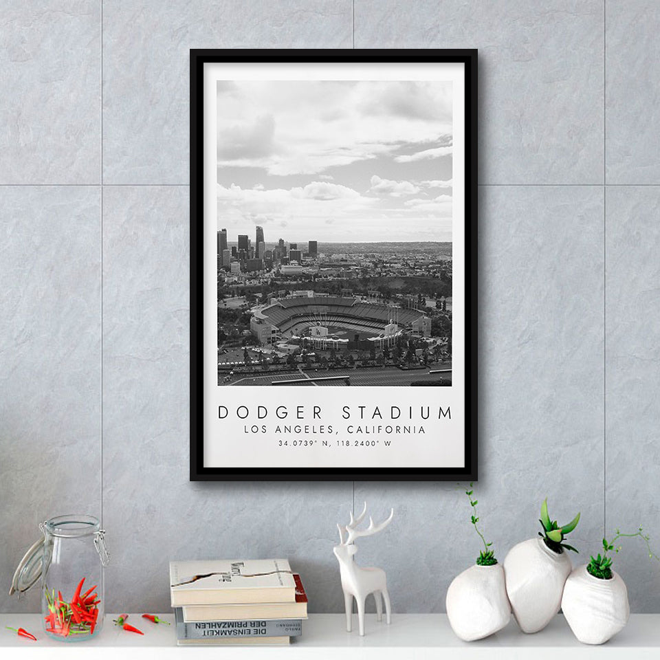 Dodger Stadium La Dodgers, Stadium Wall Art For Baseball Lovers, B&W, Floating Framed Canvas Print
