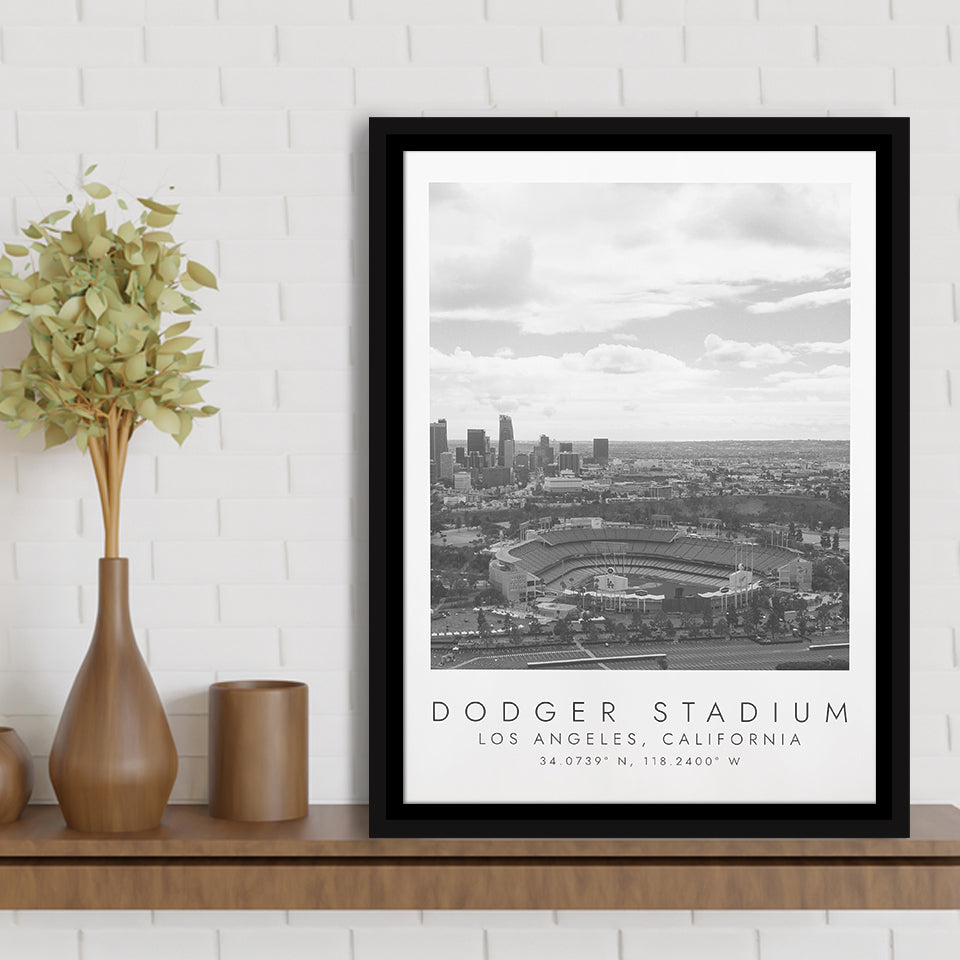Dodger Stadium La Dodgers, Stadium Wall Art For Baseball Lovers, B&W, Floating Framed Canvas Print