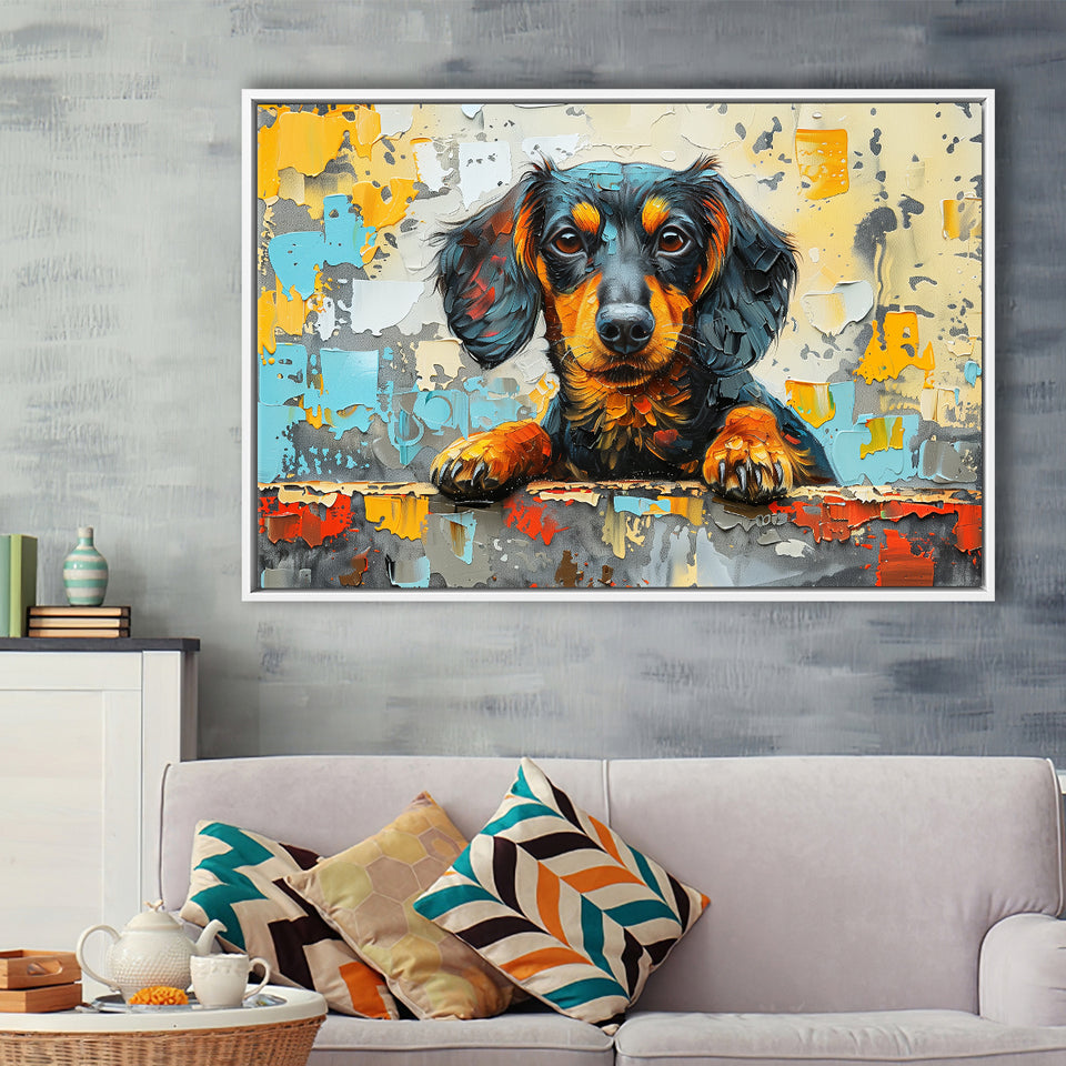 Dachshund Dog Portrait Painting Art, Floating Frame, Framed Canvas Print Wall Art Home Decor
