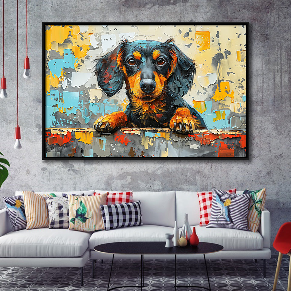 Dachshund Dog Portrait Painting Art, Floating Frame, Framed Canvas Print Wall Art Home Decor