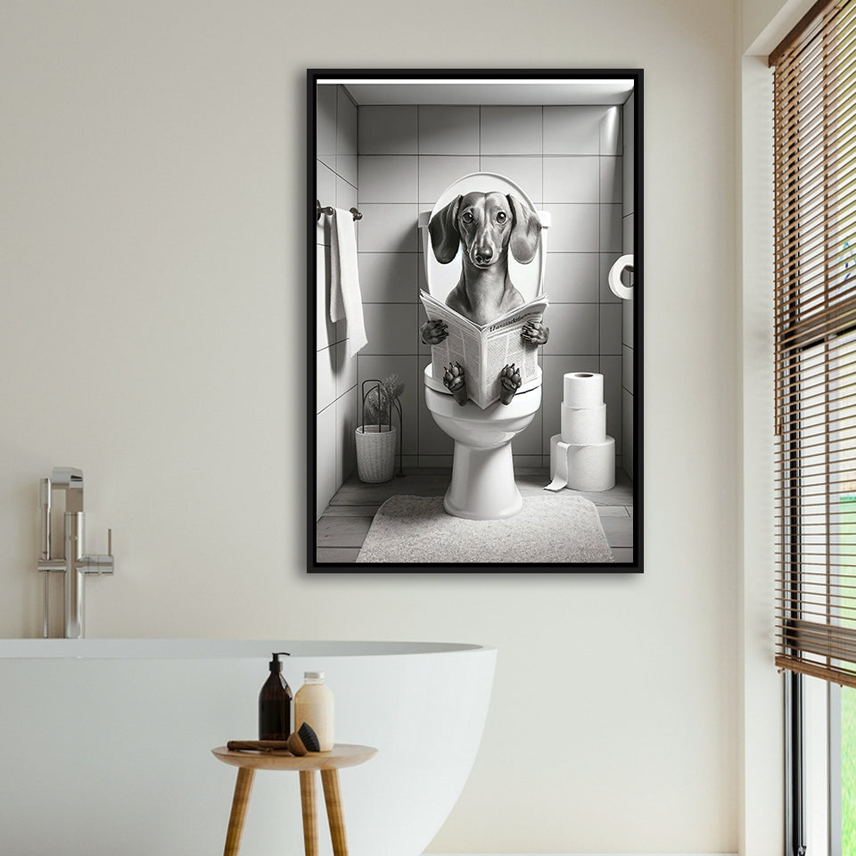 Dachshund Framed Canvas Prints Wall Art, Funny Bathroom Decor, Dachshund Dog In Toilet