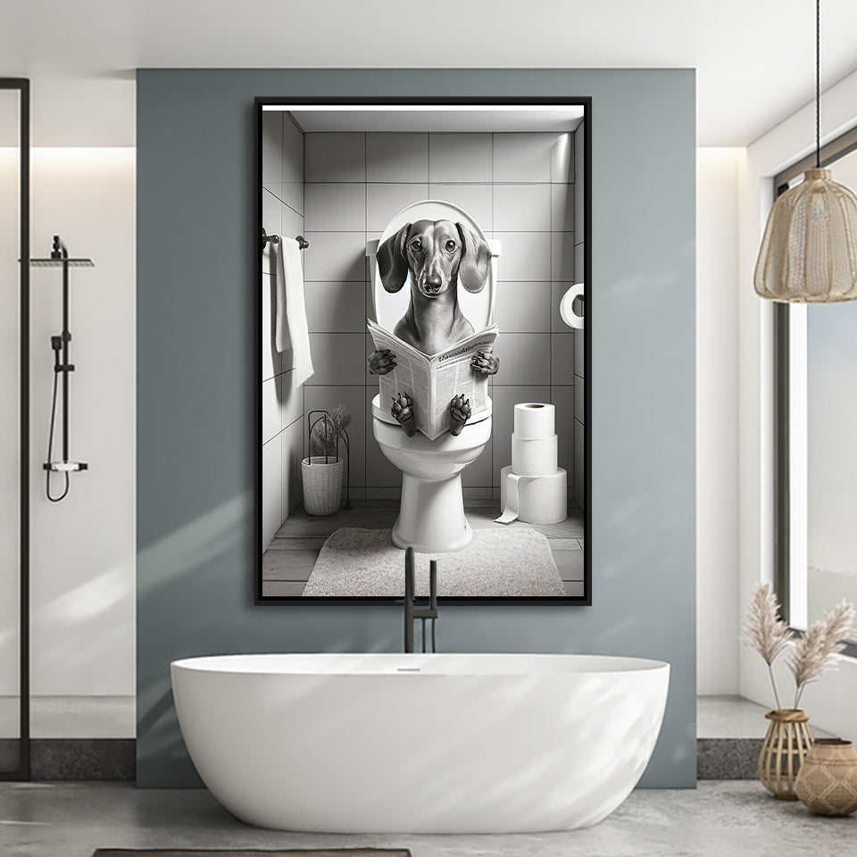 Dachshund Framed Canvas Prints Wall Art, Funny Bathroom Decor, Dachshund Dog In Toilet